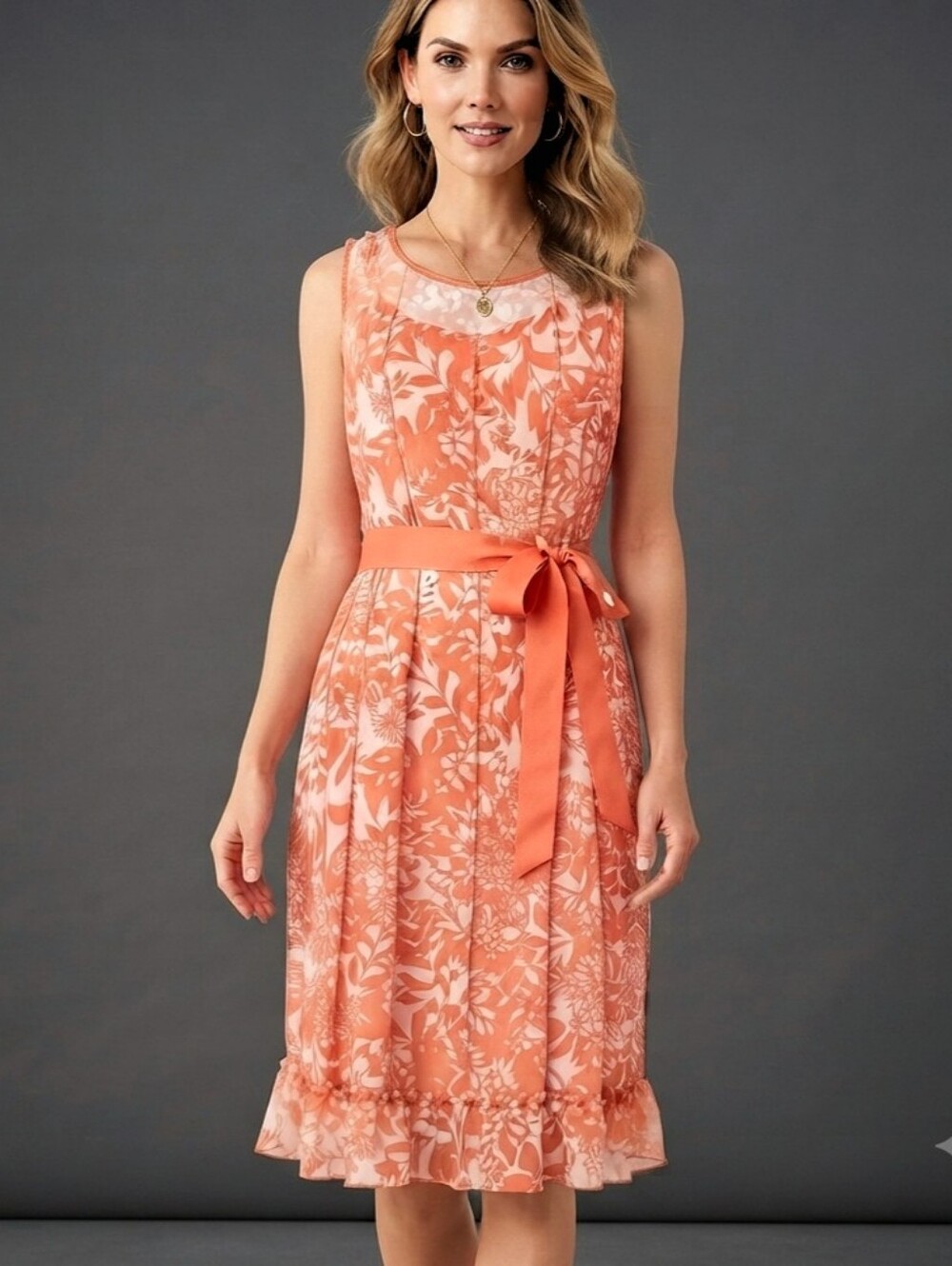 Jessica Howard Women's Size 12 Orange Floral Sheer Overlay Midi Dress With Belt